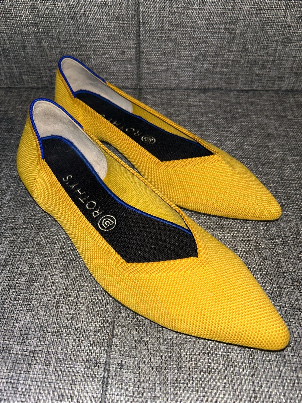 Rothy's Bright Yellow Pointed Ballet Flats with Blue Trim